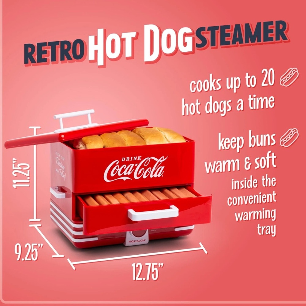 CocaCola Hot Dog Steamer and Bun Warmer Cooks 24 Hot Dogs 12 Buns Easy Clean red